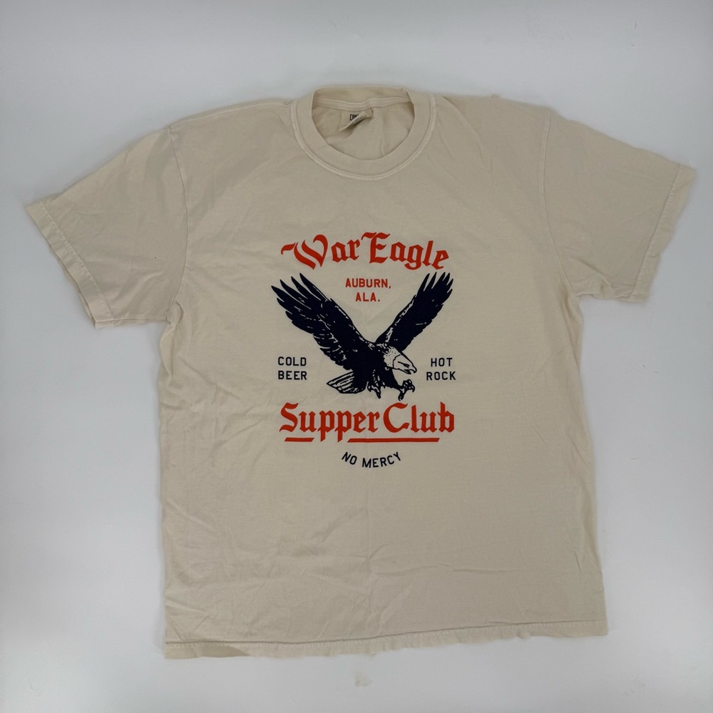 100% Cotton Comfort Colors War Eagle Supper Club Short Sleeve TShirt Cream Retro